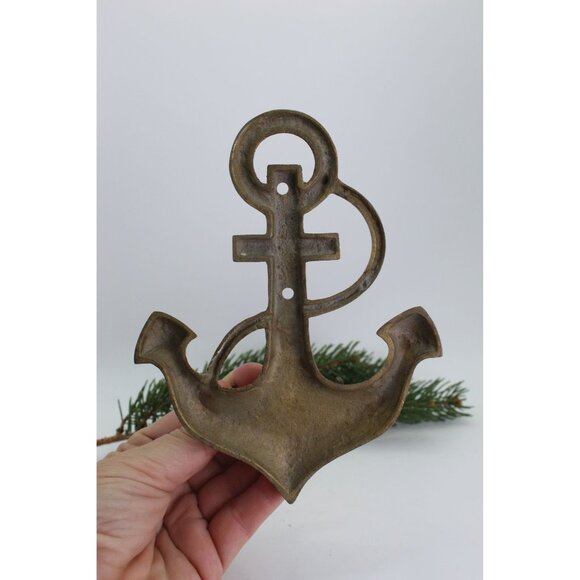 Vintage Brass Anchor Wall Hook Nautical 3 Hook Hanger Solid Brass Rope Detail 6x - Picture 6 of 7